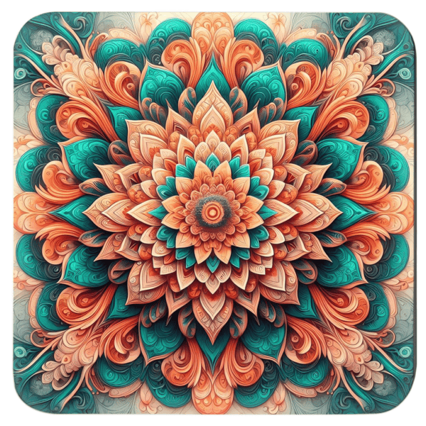 Coral and green mandala design on a square coaster.