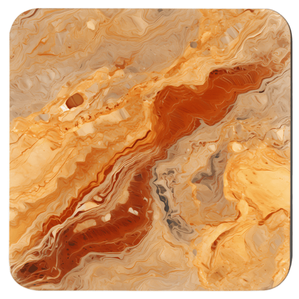 Square coaster with autumn color marble design in oranges and amber colors.