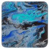 Set of 4 coasters with abstract art print in shades of turquoise blue, black and silver grey.