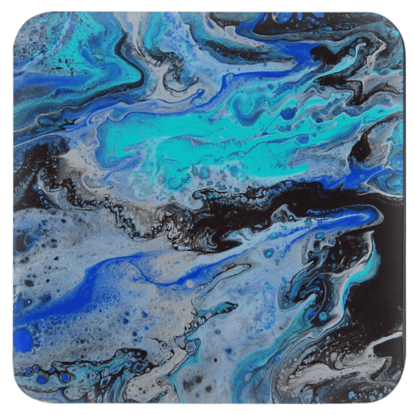 Set of 4 coasters with abstract art print in shades of turquoise blue, black and silver grey.