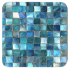 Colorful square mosaic design in shades of turquoise and teals coaster flat on table.