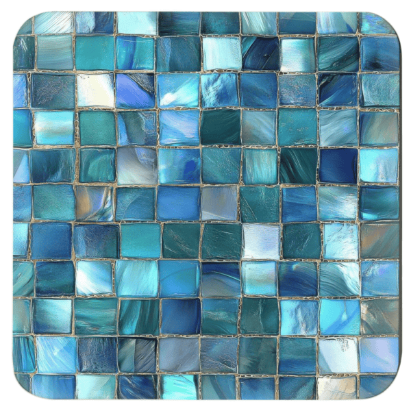 Colorful square mosaic design in shades of turquoise and teals coaster flat on table.