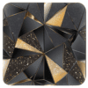 Square coaster with a triangle geometric design in black and gold with some gold glitter effect.
