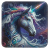 Square coaster with n image of fantasy style unicorn with rainbow accents.