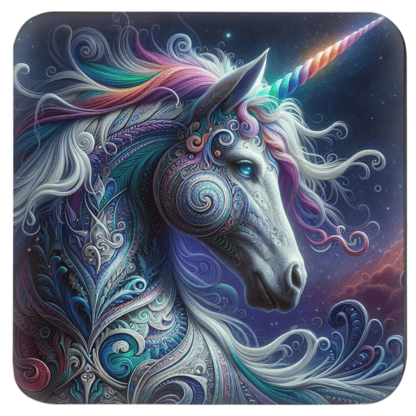 Square coaster with n image of fantasy style unicorn with rainbow accents.