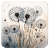Square dandelion seed coaster with watercolor style image of dandelions printed on it.