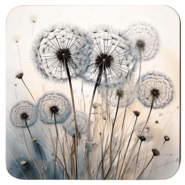 Square dandelion seed coaster with watercolor style image of dandelions printed on it.