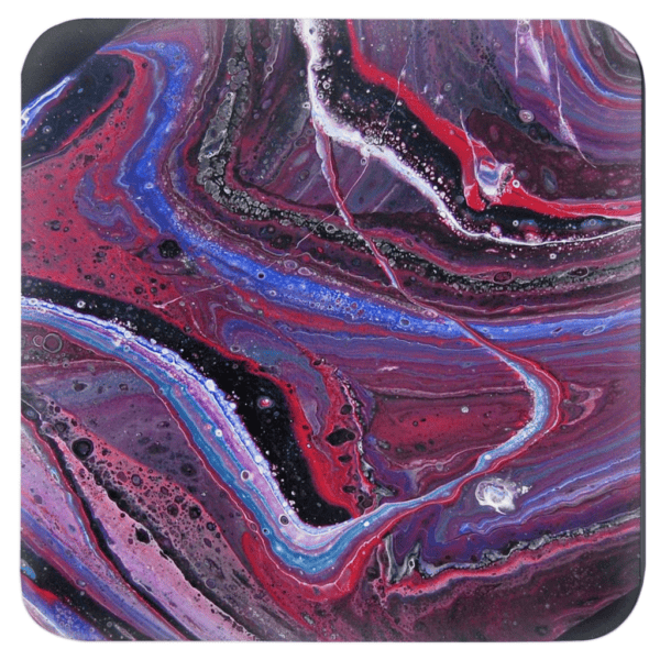 Set of 4 coasters with abstract art print in shades of red, purple, black and white.