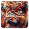 Square coaster with an image of a stylized highland cow with multicolor accents.