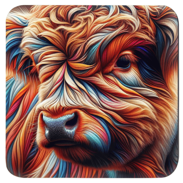 Square coaster with an image of a stylized highland cow with multicolor accents.