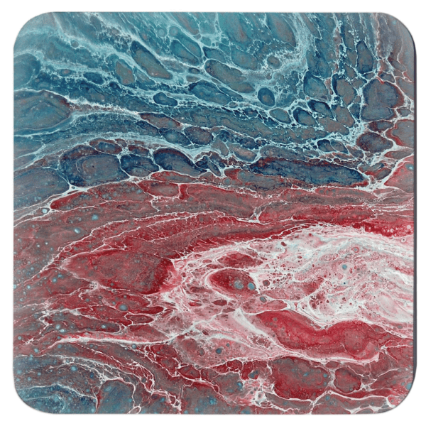 Set of 4 coasters with abstract art print in shades of blue and red.