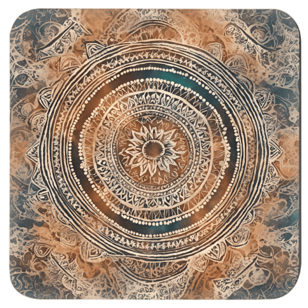 Square coaster with a watercolor style mandala in earthy tones.