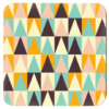 Square coaster with a mid century modern triangle design in yellow, light pink, orange, aqua and brown.