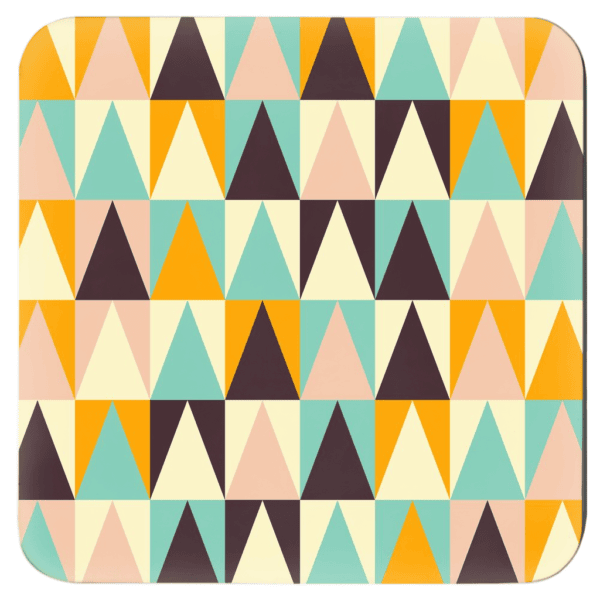 Square coaster with a mid century modern triangle design in yellow, light pink, orange, aqua and brown.