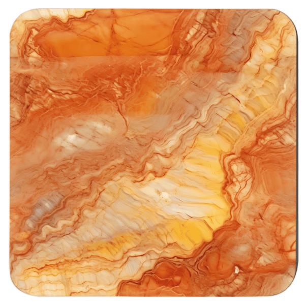 Square coaster with autumn color marble design in oranges and amber colors.
