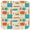 Set of 4 coasters with tan, orange, gold and turquoise mid century modern print design.