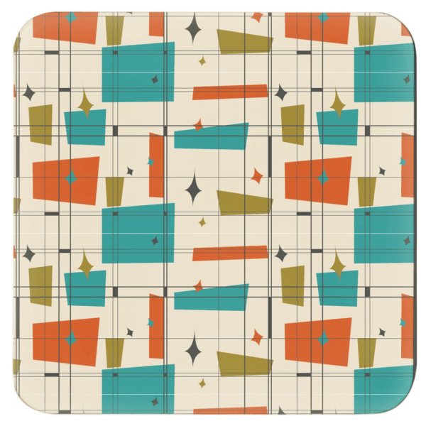 Set of 4 coasters with tan, orange, gold and turquoise mid century modern print design.