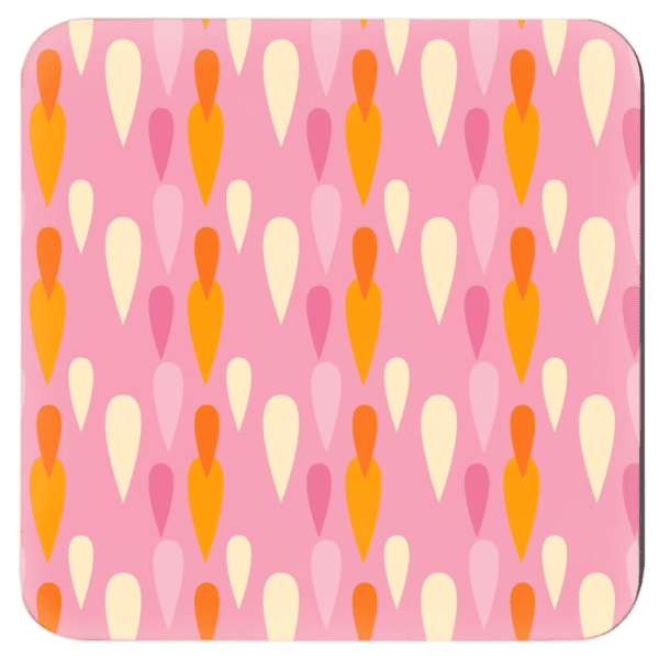Square coaster with a retro pink and orange teardrop design.