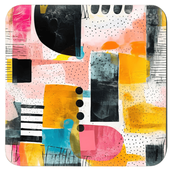 Square coaster with colorful abstract art print on it.