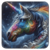 Square coaster with n image of fantasy style unicorn with rainbow accents.