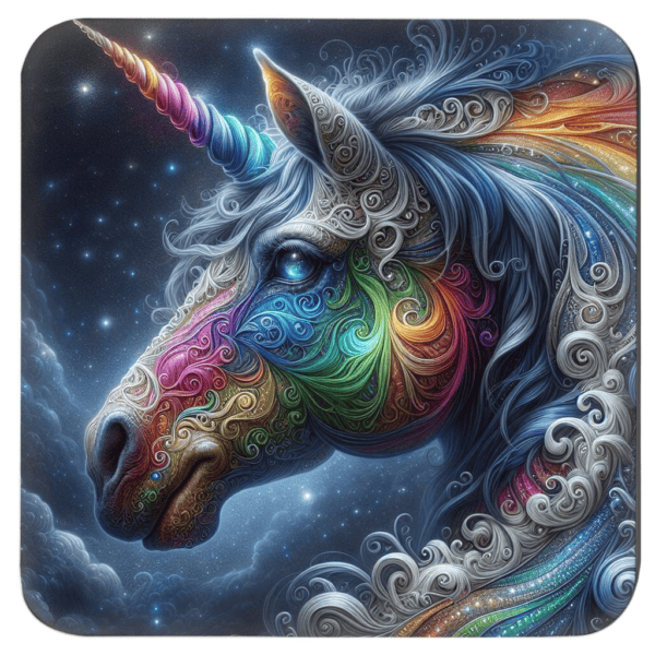 Square coaster with n image of fantasy style unicorn with rainbow accents.