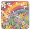 Pastel floral print with a rainbow in the background. Show on a square coaster.