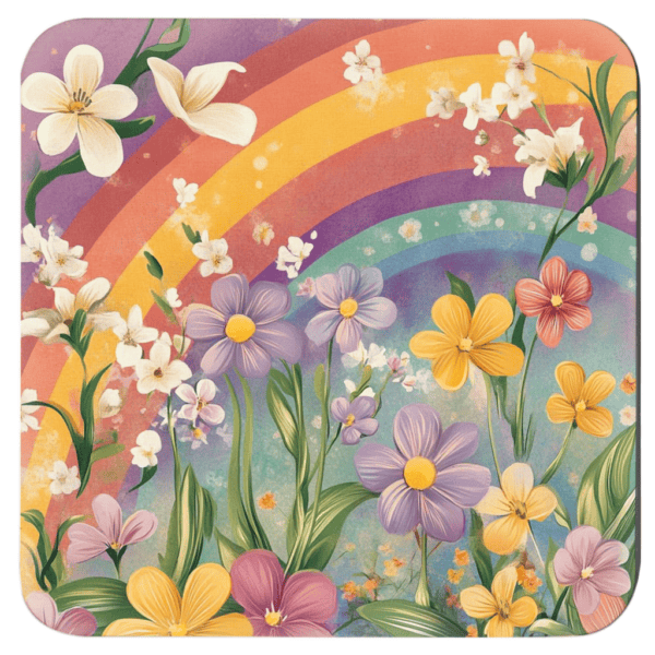 Pastel floral print with a rainbow in the background. Show on a square coaster.