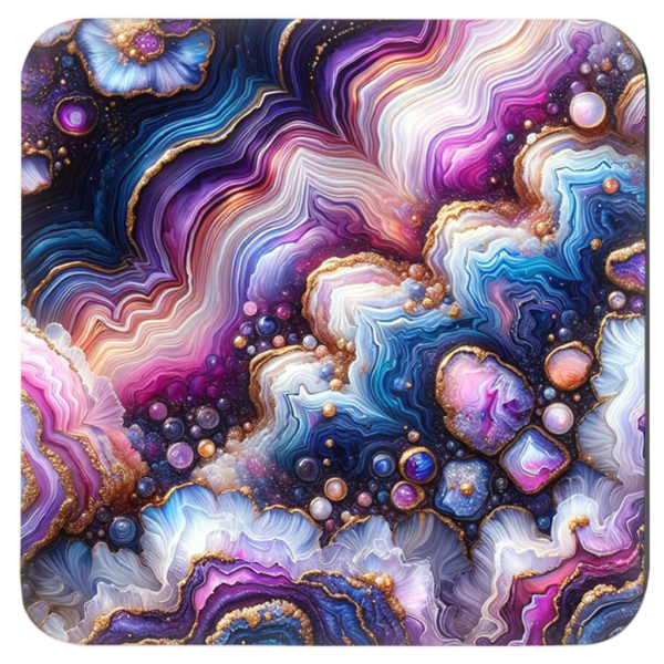Square coaster with purple, blue, which and gold agate slice design.