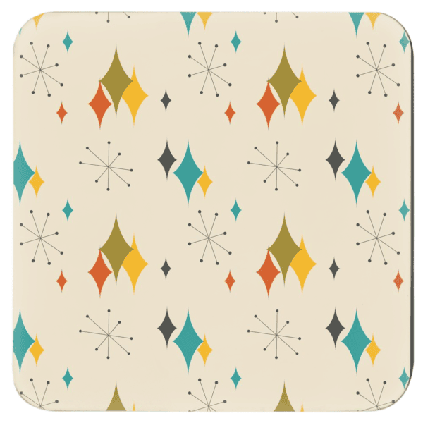 Set of 4 coasters with tan, orange, gold and turquoise mid century modern print design.