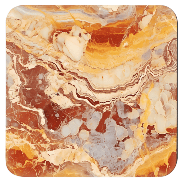 Square coaster with autumn color marble design in oranges and amber colors.