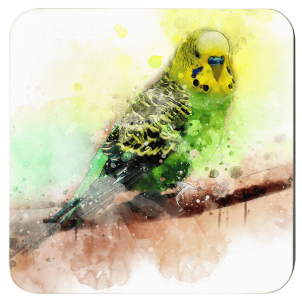 Square coaster with watercolor image of a green and yellow Parakeet printed on it.