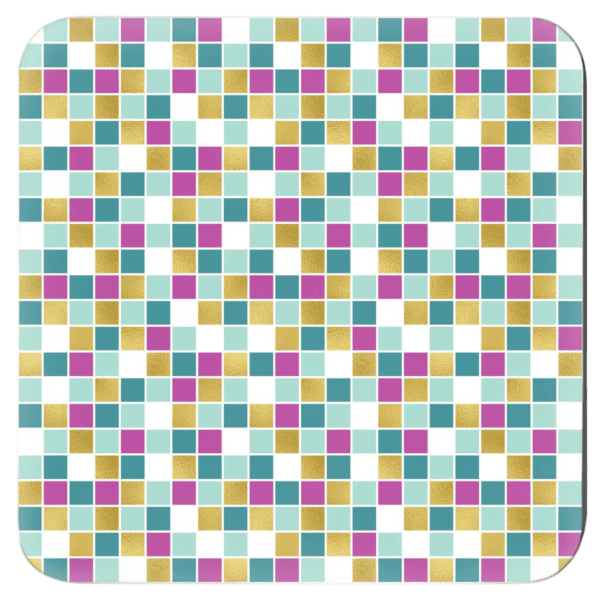 Square coaster with a geometric pattern in pink, gold, teal, aqua and white colors.