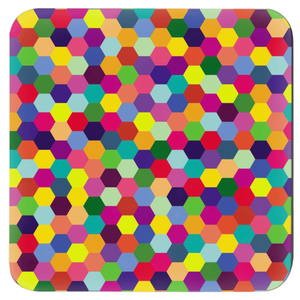 Square coaster with multi colored hexagon geometric design.
