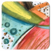 Square coaster with colorful abstract art printed on it.