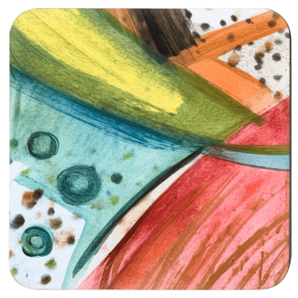 Square coaster with colorful abstract art printed on it.
