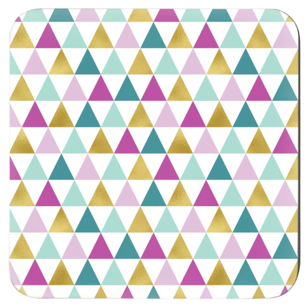 Square coaster with a geometric pattern in pink, gold, teal, aqua and white colors.