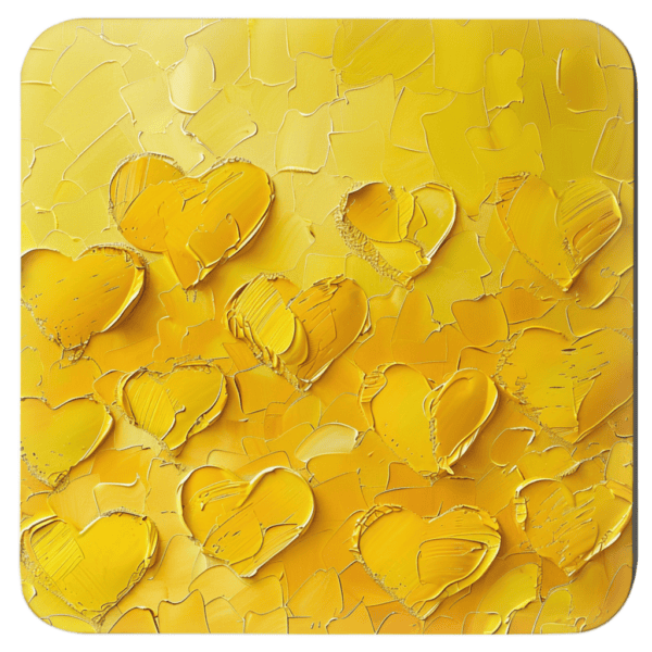 Square coaster with yellow impasto style heart painting print.