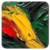 Square coaster with impasto style paint images in red, yellow, green and black.