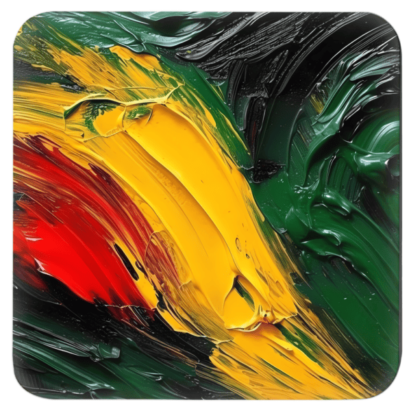Square coaster with impasto style paint images in red, yellow, green and black.