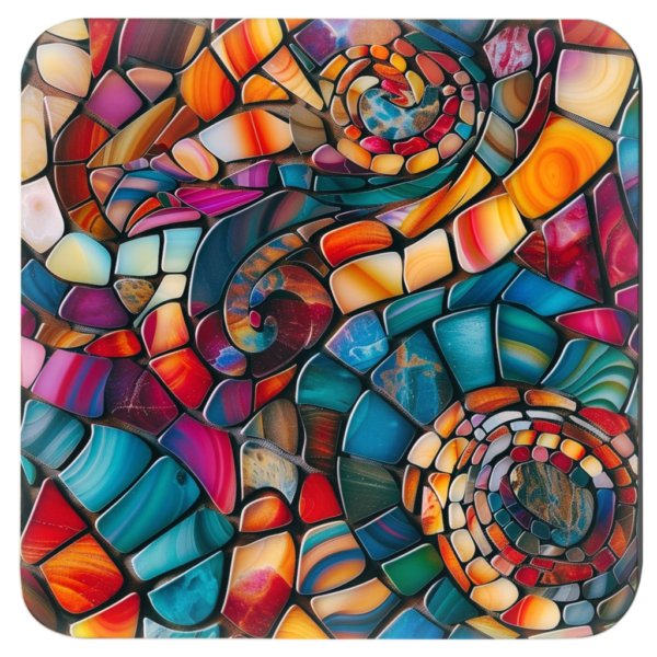 Square coaster with a mosaic design in jewel tones.