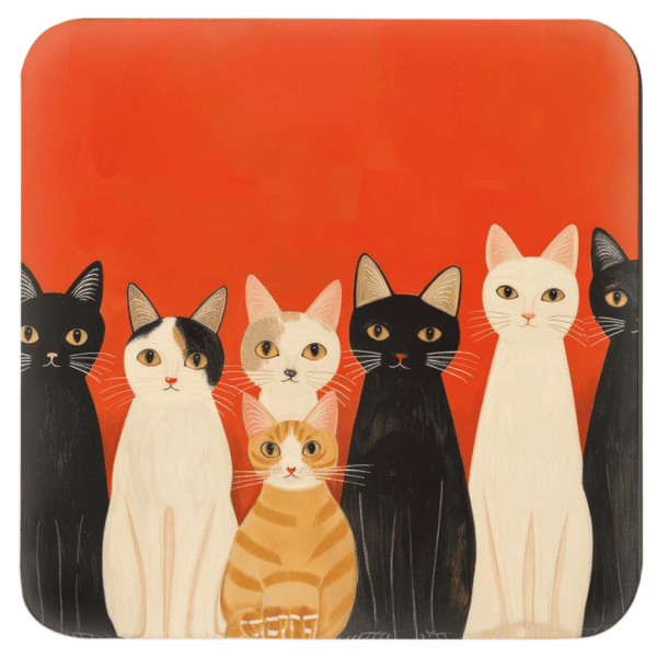 Square coaster with image of stylized cats on an orange background.