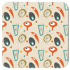 Set of 4 coasters with tan, orange, gold and turquoise mid century modern print design.