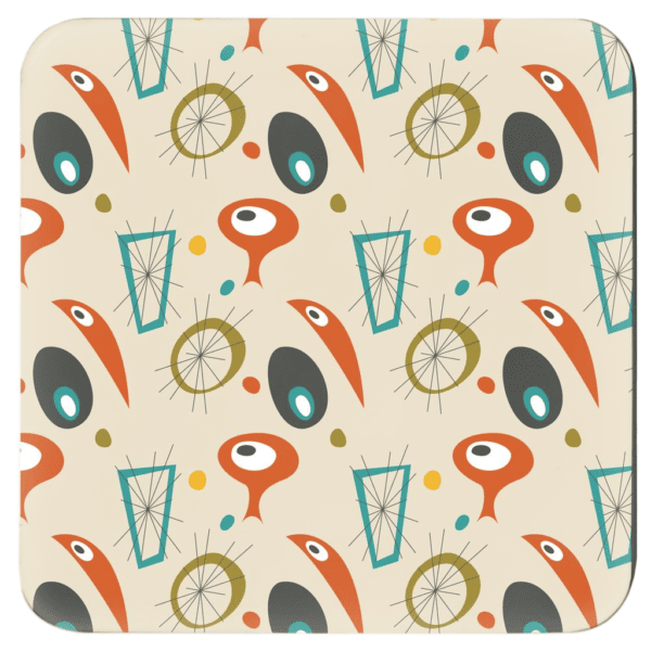 Set of 4 coasters with tan, orange, gold and turquoise mid century modern print design.