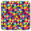 Square coaster with multi colored triangle geometric design.