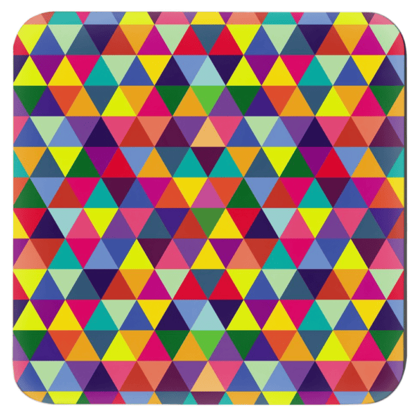 Square coaster with multi colored triangle geometric design.