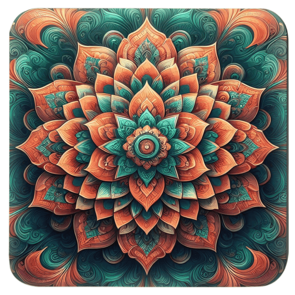 Coral and green mandala design on a square coaster.