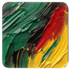 Square coaster with impasto style paint images in red, yellow, green and black.