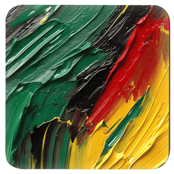 Square coaster with impasto style paint images in red, yellow, green and black.