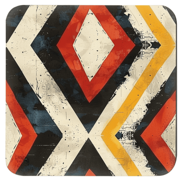 Square coaster with a geometric tribal design.