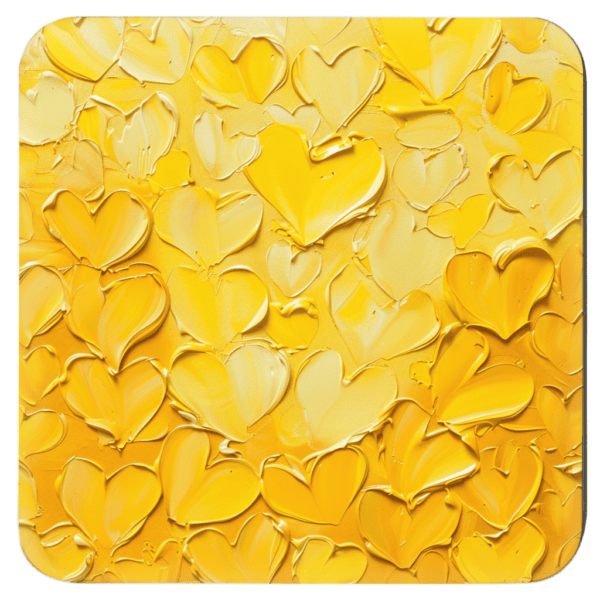 Square coaster with yellow impasto style heart painting print.